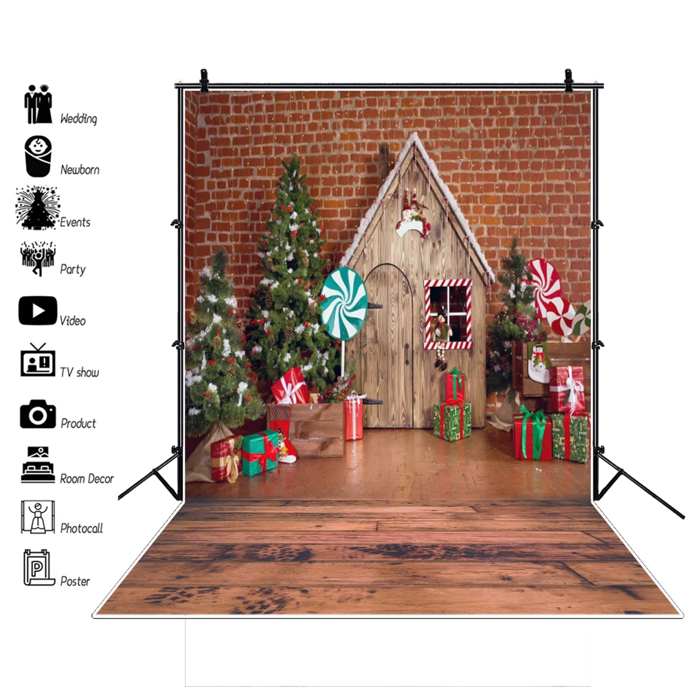 

Laeacco Christmas Backdrop For Photography Lollipops Tree Gift Pine Baby Toys Party Floor Interior Photo Background Photo Studio