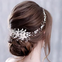 Flower Rhinestone Pearl Headband Wedding Headband Flower Bride Hair Accessories Tiara Headband Silver Color Leaf Flower Headband