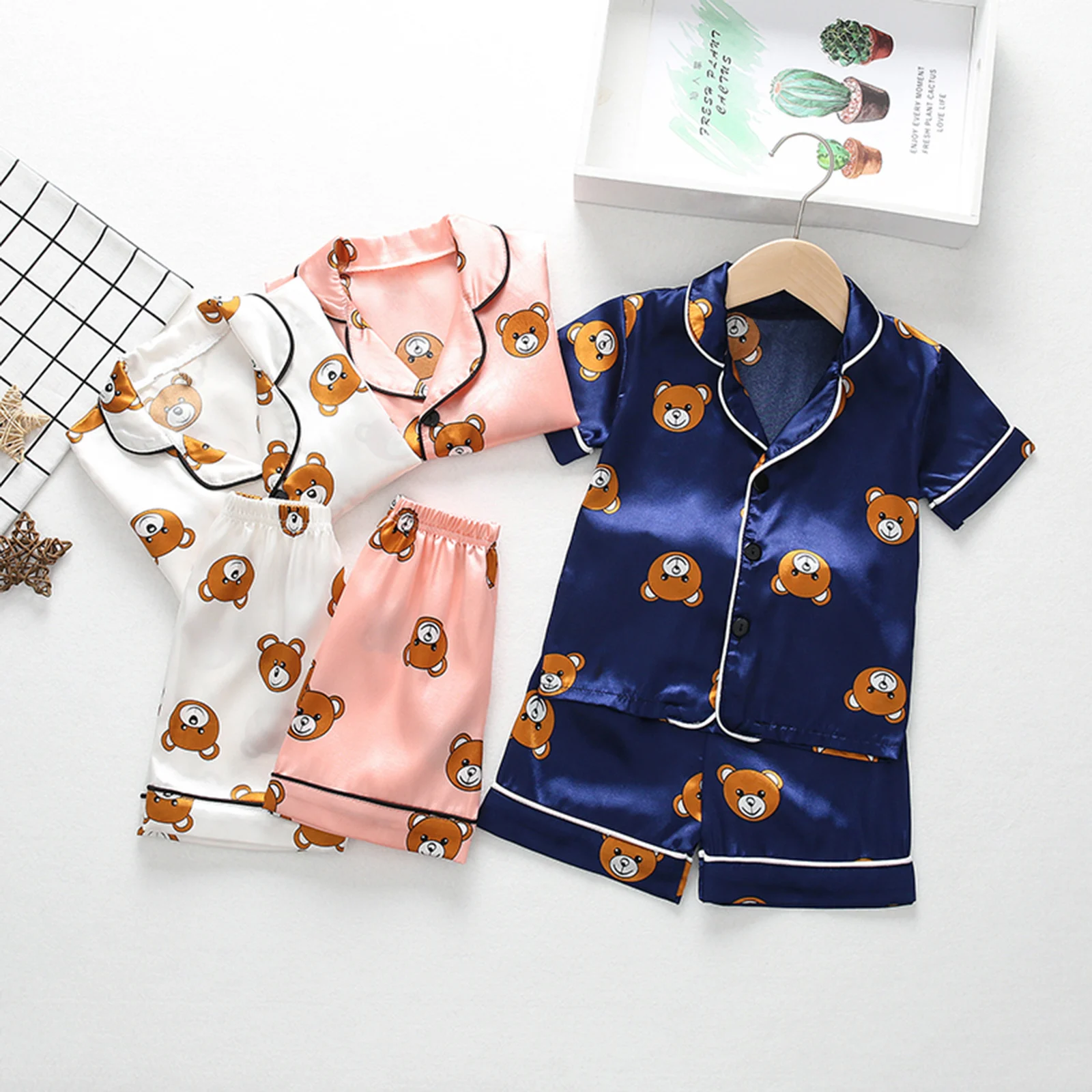 Baby Boys Girls Ice Silk Satin Pajamas Set Cartoon Bear Print Button-Down Short Sleeve Tops+Shorts Pajama Set Sleepwear Homewear