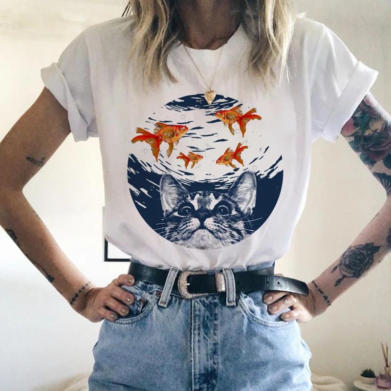 Женские футболки Харадзюку с принтом кота, женские футболки с графическим принтом, женская футболка Kawaii, футболка, женская футболка большого размера, Camisas Mujer, топы - Цвет: Tee Shirt Femme 12