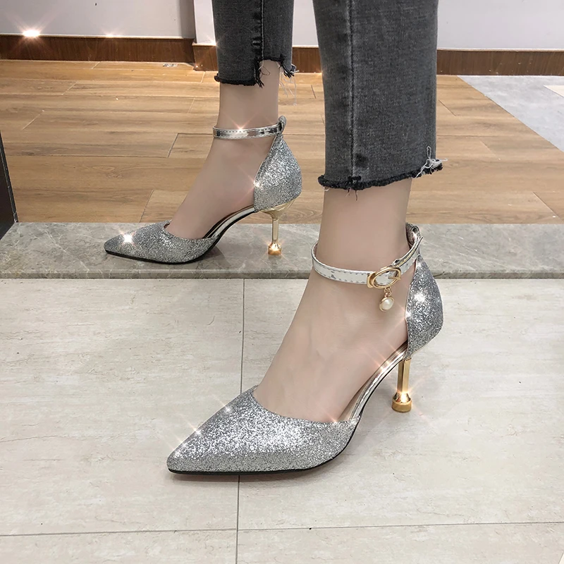 

Rimocy Fashion Shinning Glitter High Heels Shoes Women 2020 Spring Summer Ankle Strap Pumps Elegant Party Wedding Shoes Woman