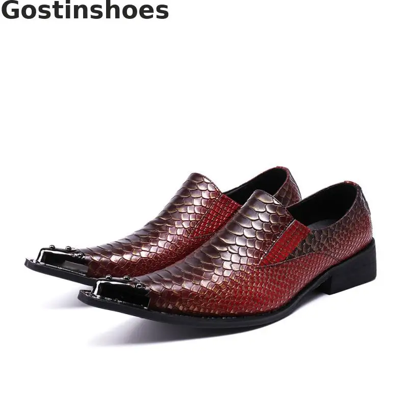 

Men Loafers Red Genuine Leather Snakeskin Pattern Printed Slip-on Iron-tipped Men Casual Leather Shoes Fashion Leisure Shoes