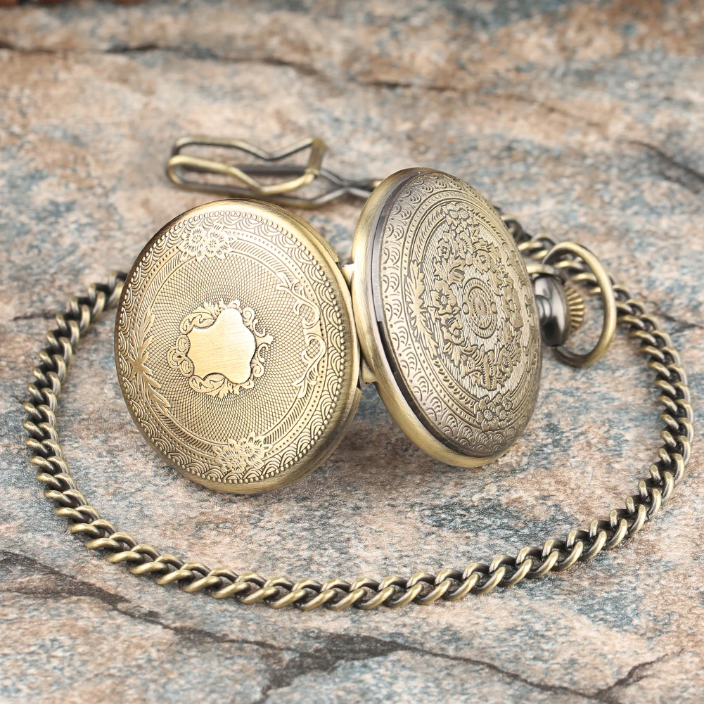 Bronze Carving Wreath Quartz Pocket Watch Pendant Fob Chain Roman Numerals Antique Clock Hours Men Women Xmas Gifts Reloj Hombre