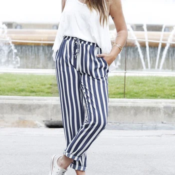 

2019 New Summer Striped High Waist Harem Pants Women Stringy Selvedge Style Casual Pants Fashion Loose Lace Up Female Trousers
