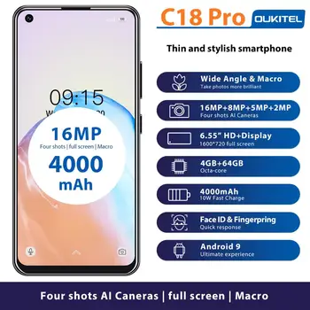 4G LTE Android 9.0 Smartphone OUKITEL C18 Pro 4G RAM 64G ROM Mobile Phon 6.55"HD  MTK6757 Octa Core 16MP 4 Cameras 4000mAh 5V2A 1