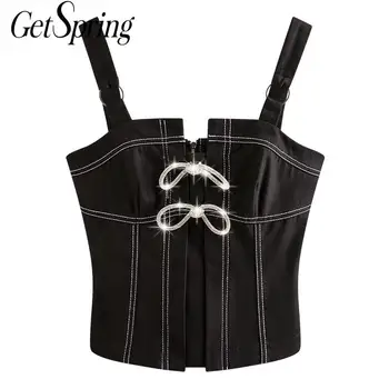 

Getspring Women Crop Top Diamond Bow Sleeveless Crop Top Women Black Vintage Sexy Short Top Diamond Womens Clothes 2020 Fashion