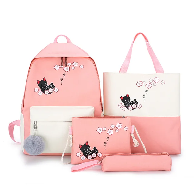 4 Sets/Pcs Woman Laptop Backpack Ribbons School Backpacks cute cat Schoolbag For Teenagers Girls Student Book Bag Female Satchel 3