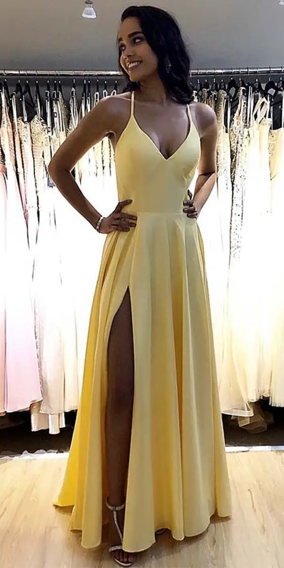 Robe De Soiree, простое вечернее платье,, Длинные вечерние шифоновые платья с высоким Боковым Разрезом, желтые вечерние платья