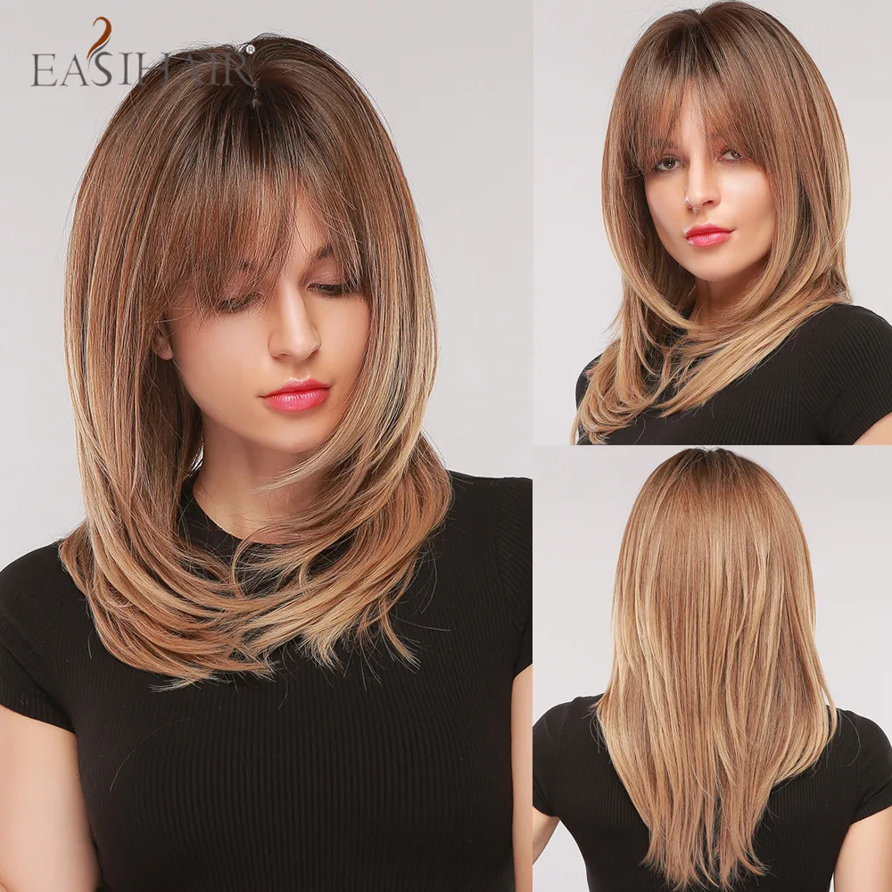 

EASIHAIR Ombre Brown to Light Brown Medium Long Layered Synthetic Wigs With Bangs Natural Hair Wigs for Women Female Cosplay