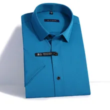 Черная кнопка лето эластичный с коротким рукавом бамбуковое волокно Slim Fit Твердые мужские платья рубашки без нагрудного кармана