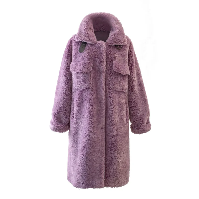 purple teddy coat Зимний длинный плюшевый пиджак, пальто, женское эксклюзивное фиолетовое пальто из овечьей шерсти с пряжкой, элегантное плотное теплое пальто из искусственного меха, меховая верхняя одежда - Цвет: purple teddy coat