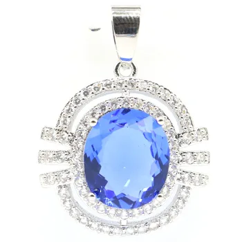 

32x24mm Pretty Created Rich Blue Violet Tanzanite CZ Gift For Ladies Silver Pendant