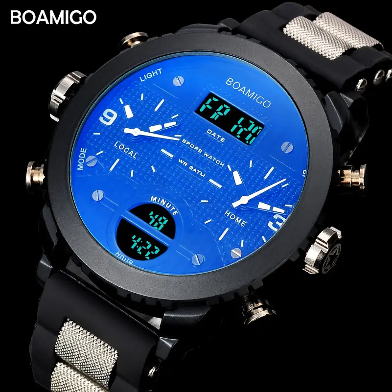 BOAMIGO 3 часовой зоны военные спортивные часы светодиодные цифровые кварцевые