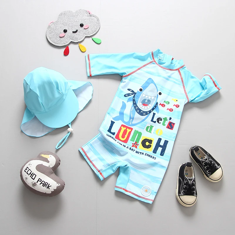 Swimsuit Kids Boys Swimwear+ Hat 2pcs Baby Boy Bathing Clothes Cartoon Shark Print UV Protection Beach Pool Child Swimming Suit - Цвет: 882032