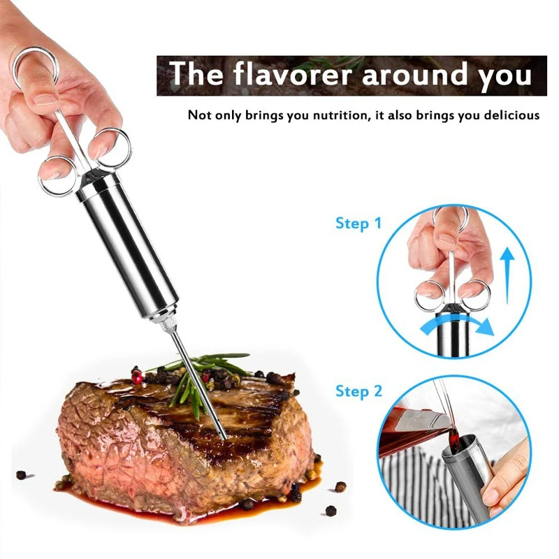 Fanuse Injecteur de Viande en Acier Inoxydable 2 Oz Dinde Steak Marinade Saveur Seringue Aiguille Kit de Cuisson BBQ 