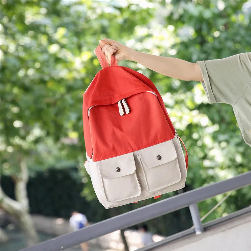 

2018 New Style Versitile Fashion Double Bib Canvas Backpack Matching Color Washing School Bag College Style High School Students