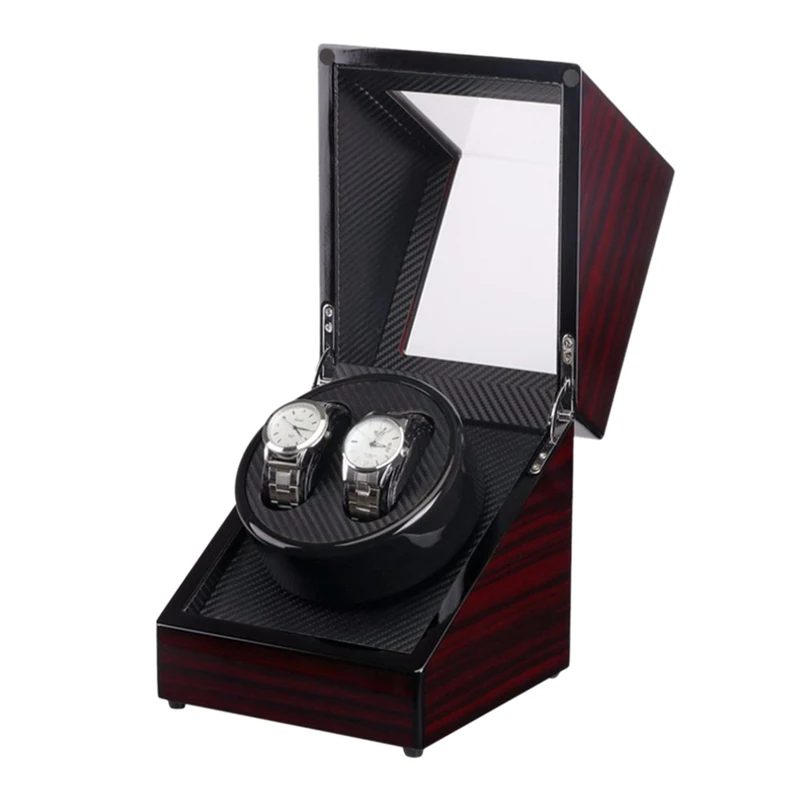 Wooden Lacquer Piano Glossy Black Carbon Fiber Double Watch Winder Box Quiet Motor Storage Display Case Automatic Watch Winder D