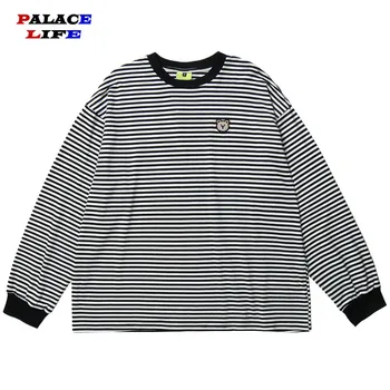 

Men Harajuku Striped T Shirt Long Sleeve Hip Hop Bear Tshirt Streetwear Autumn Cotton T-Shirts Loose Tops Tees Black Yellow