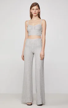 

Hot New Trendy Two Pieces Sets Striped Sexy Slash Neck Spaghetti Strap Celebrity Party Bandage Blouse Pants Suit