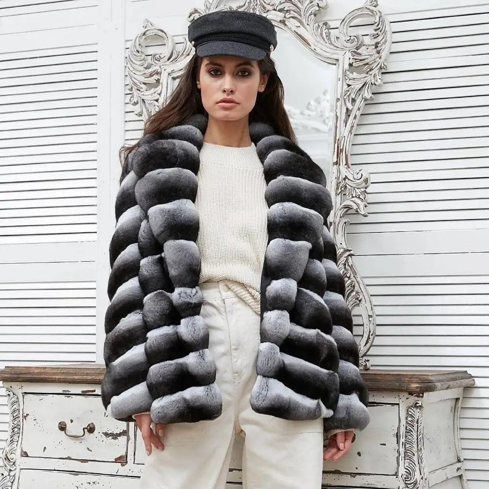 Woman Fashion Medium Length Real Rex Rabbit Fur Jacket with Lapel Collar Natural Women Genuine Rex Rabbit Fur Coats High Quality