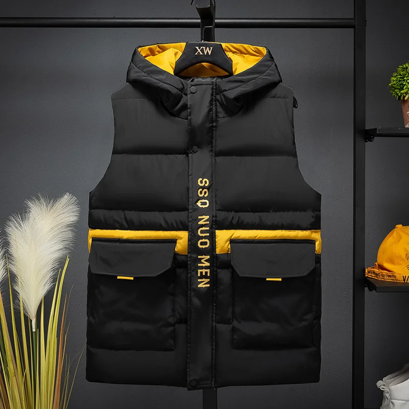 

#3626 Black Beige Yellow Sleeveless Coat Men Autumn Winter Bodywarmer Men With Hooded Casual Down Cotton Vest Men Thick Warm