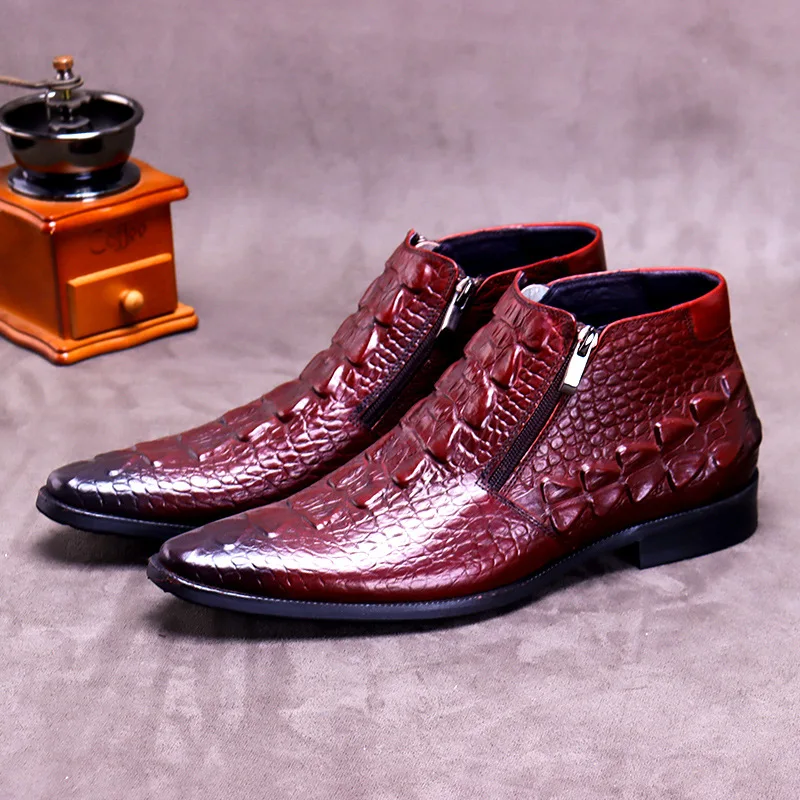 Winter New Short Boots Men'sCrocodile Grain Leather High-Top Shoes Zipper Warm Cowhide Leather Boots Round Toe Oxfords