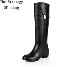 Женские зимние сапоги до колена из натуральной кожи на толстом среднем каблуке с круглым носком; большие размеры 33-45; SXQ1007