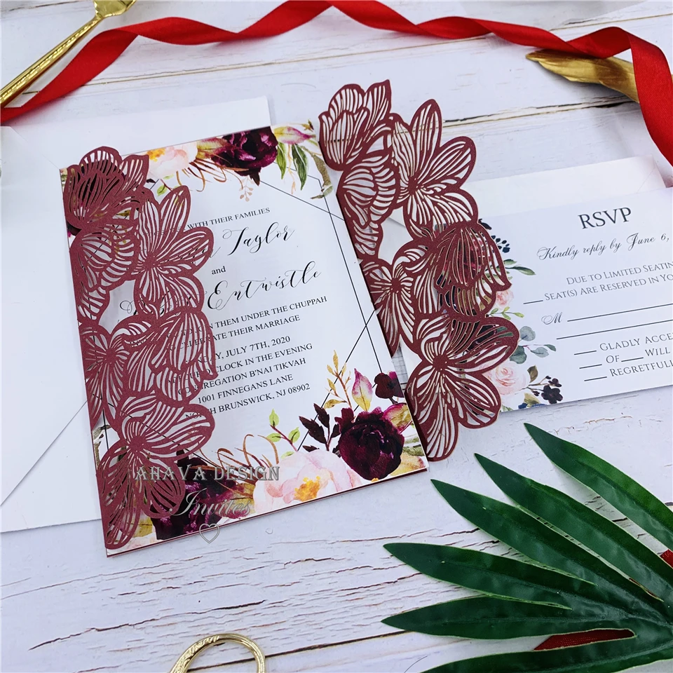 Burgundy Laser Cut Warp with Burgundy and Blush Floral on Invitation-Geometric Garden