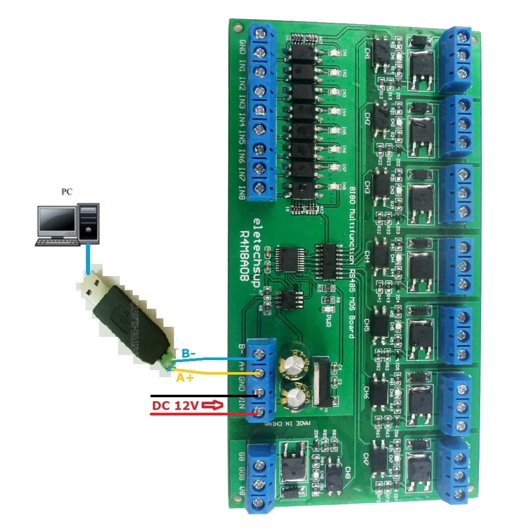 레일 박스 UART RS485 MOSFET 모듈, R4M8A08 DC 12V 24V 8 절연 IO DIN35 C45