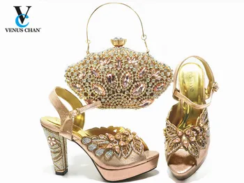 

2020 Latest Italian Women Shoes Mathing Bag in Champagne Color Comfortable Heels Sandals Shoes with Platform for Wedding Party