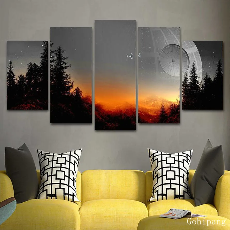 Modular Canvas Pictures Wall Art Framed 5 Pieces Star Wars Tree Death Star Painting Living Room Prints Movie Poster Home Decor
