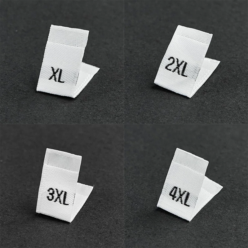 500Pcs Clothing Size Label Black Text White Garment Clothes T Shirt Dress Cloth Fabric Label Tag XS S M L XL 2XL 3XL 4XL 34*12mm