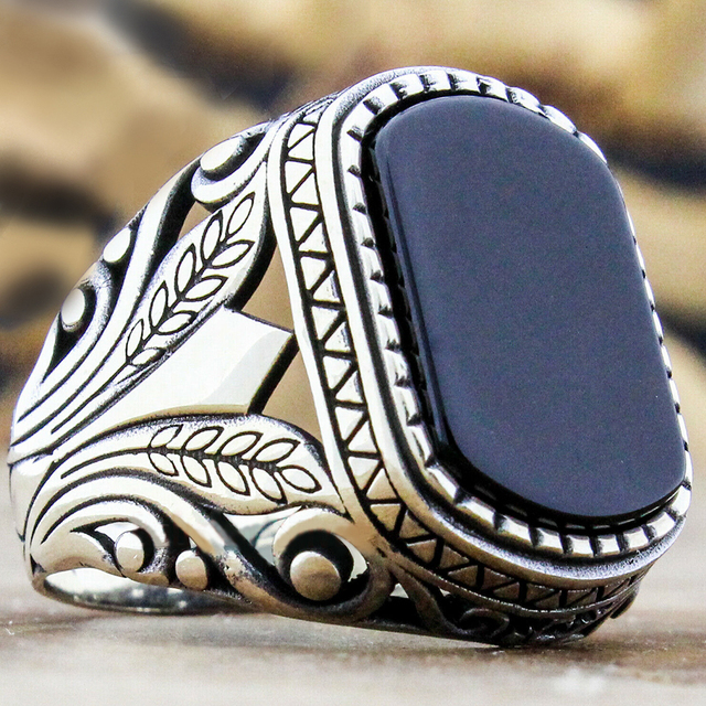 Muslim Jewelry Vintage Men's Handmade Turkish Black Onyx Stone Rings Ancient Silver Color Pattern Punk Rings For Women