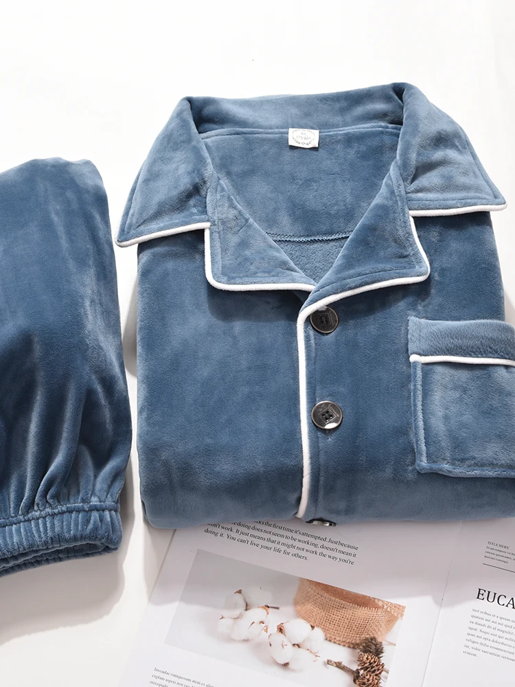 Large Size Man Paired Flannel Pajama 2pcs Set Winter Warm Oversize Soft Man Sleepwear Pure Color Home Pants Comfortable Lounge
