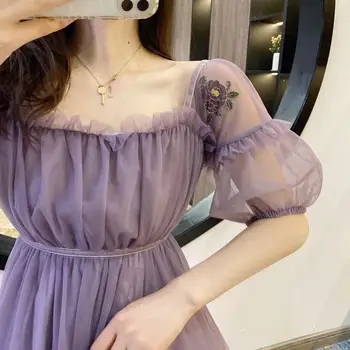 

Fashion New Gauze Perspective Embroidery Bubble Sleeves Dress Sweet Cute Summer Dress Women