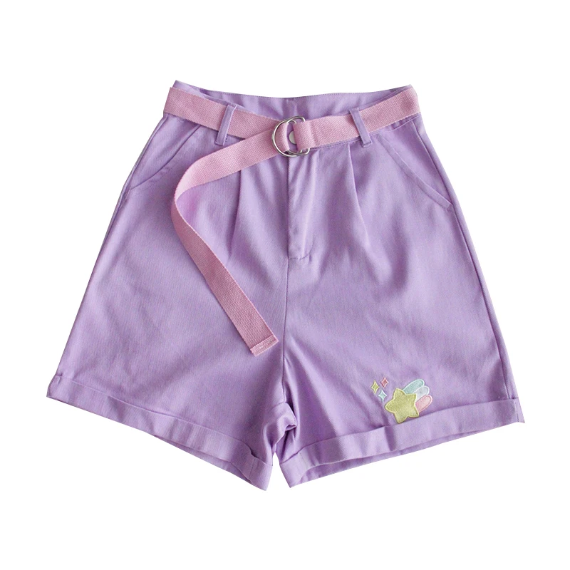 

Korean Teen Girl Kawaii Wide Leg shorts Harajuku Cartoon Denim Shorts Women High Waist Cute Casual Belt Purple Jeans Short Femme