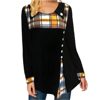 

Women Patchwork Plaid Printed T-Shirt Long Sleeve 2020 New Summer Shirt Tees Ladies Top Buttons Casual Long Tshirts Big Size 5XL