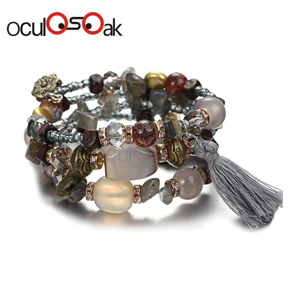 gray New Vintage Multilayer Tassel Bracelets Bohemian Resin Stone Bead Bracelets& Bangles Pulsera Ethnic Jewelry Party For Women - Окраска металла: gray