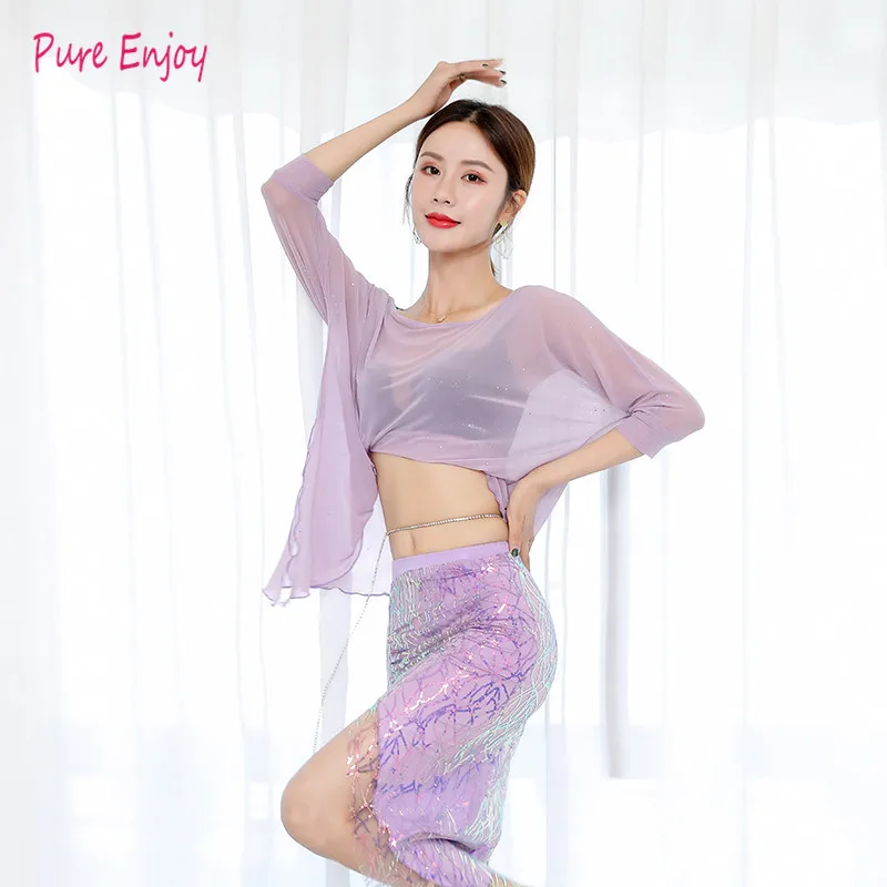 

New Mesh Belly Dance Clothes 3pcs set Woman Belly Dance Skirt+top+Waist chain Belly Dance Costume For Women Sexy Belly Dance
