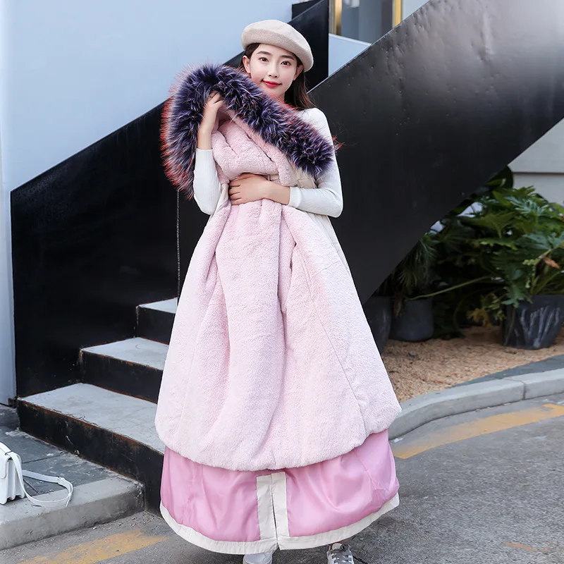 

Large Size Dress Parka Removable Inner Wearing Two Season Wearable Drawstring High-waisted Large Fur Collar Cotton Coat WOMEN'S