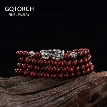 

108 Beads Red Sandalwood Bracelet for Men and Women with 925 Silver Pixiu OM Healing Tibetan Buddhism Prayer Wooden Jewelry
