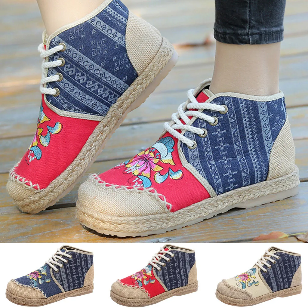 2019 nuevas botas de mujer de moda ocio bordado de cáñamo de punto de  encaje botas cortas planas casuales cómodas y suaves zapatos de punta  redonda|Botas hasta el tobillo| - AliExpress