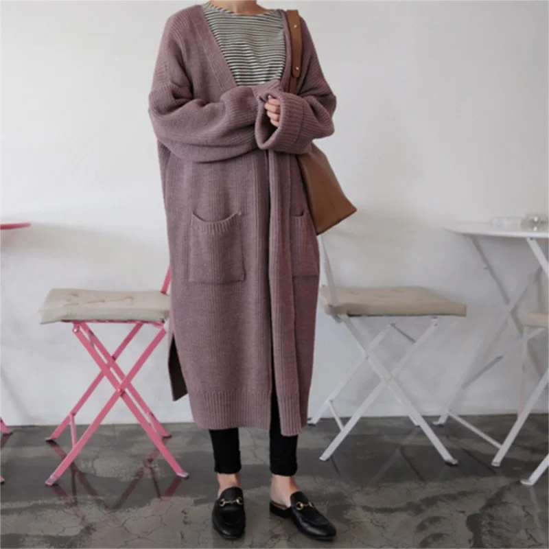 

Autumn Winter Long Cardigan Sweater 2019 Casual Long Sleeve Pockets Knitting Cardigan Tops Lady Loose Knitted Jacket Coats