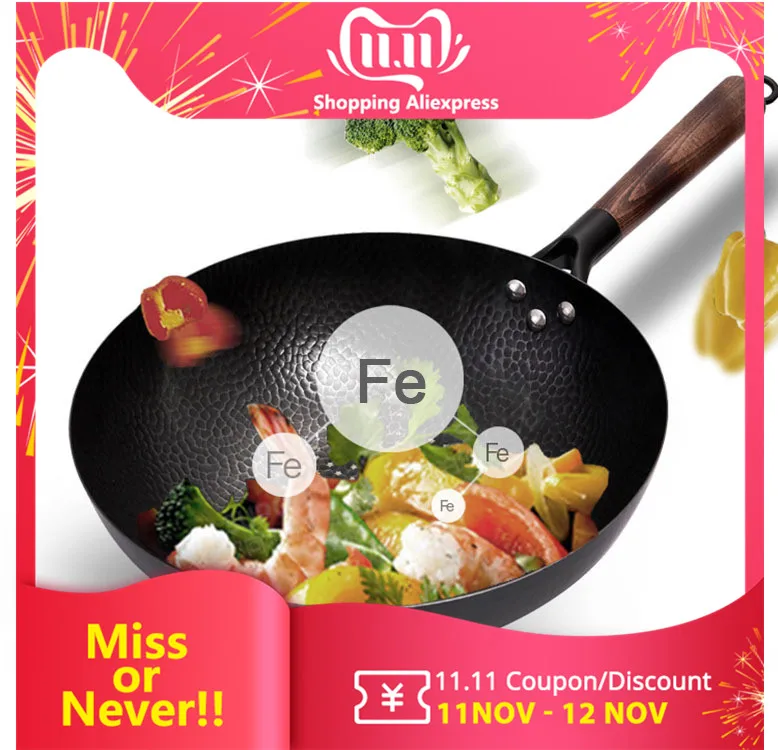 Goede Konco Pure Ijzeren wok gietijzeren pan Niet gecoat Pot Algemeen gebruik voor Gas en Inductie Kookplaat 32cm chinese Wok Kookgerei Pan