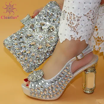 

2019 Special Silver Latest Fashion Nigerian Women Matching African Sandals and Bag Set Comfortable Heels with Crystal