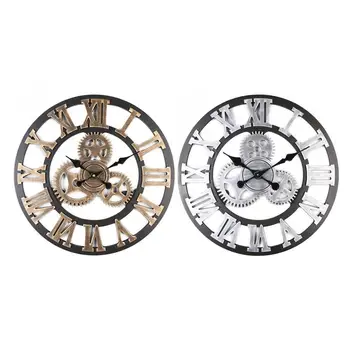 

European Modern Large Retro 3D Wall Clock Wooden Roman Numeral Gear Silent Quartz Clock For Living Room Home Decoration
