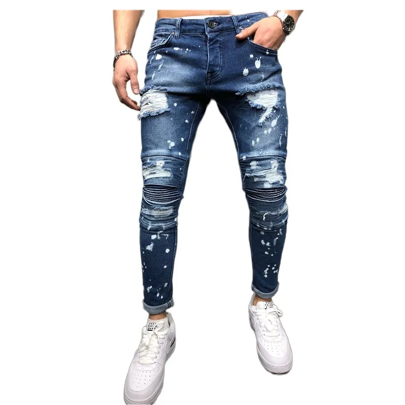 Vaqueros rasgados de Color degradado para hombre, Vaqueros ajustados informales, de marca, para motorista, Hip Hop, con cremallera, Deni, 2020