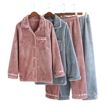 

New Thicken winter warm flannel couple pajamas sets Men and women fashion plaid pure color long sleeve sleepwear Lovers