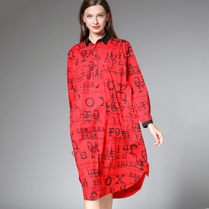 

LANMREM Red Letter Printed Lapel Long Sleeve Loose Plus Woman Pullover Dress Casual Simple Fashion 2019 Autumn Dresses New TV717