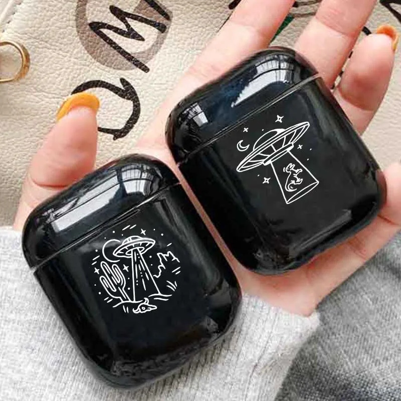 Роскошный кейс для bluetooth-гарнитуры для Airpods 2/1 черный наушник аксессуары жесткий Airpods чехол UFO pick up пиццы звезды Планеты